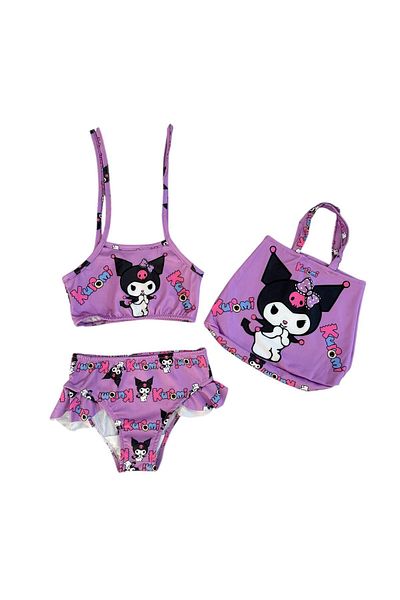 Şekerkids Girl's Purple Color Kuromi Patterned Bag Swimsuit Set