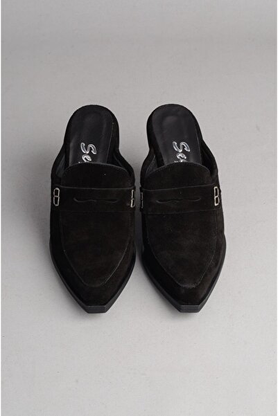 SEÇ KUNDURA Seç 8039 Genuine Leather Heel Western Slippers (Heel Height: 9 cm) Black Suede