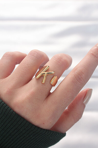 Skygo K Harfli Altın Renk Ayarlanabilir Yüzük