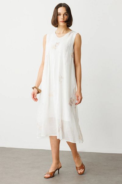 Ekol Embroidered Linen Dress Ecru