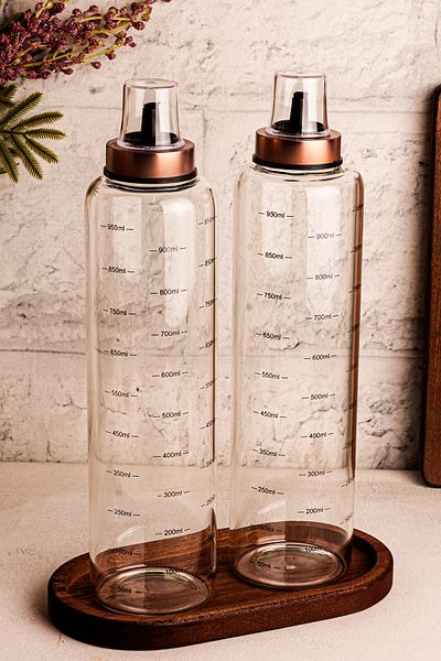 Snippy Bottle - 3 Pieces Wooden Stand Sippy-Free 1 Lt Glass Oil Pot Borosilicate Oil Pot Vinegar Pot 1000ml