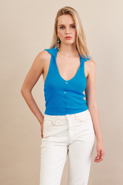 Cool & Sexy Women's Turquoise Backless Blouse Zh01-90