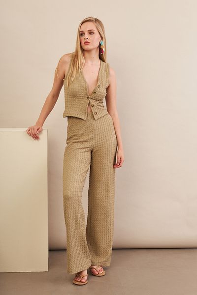 Cool & Sexy Γυναικείο Χακί Seersucker Γιλέκο Pantalon Σετ FLU330