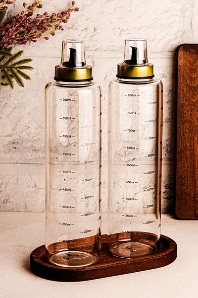 Snippy Bottle - 3 Pieces Wooden Stand Sippy-Free 1 Lt Glass Oil Pot Borosilicate Oil Pot Vinegar Pot 1000ml