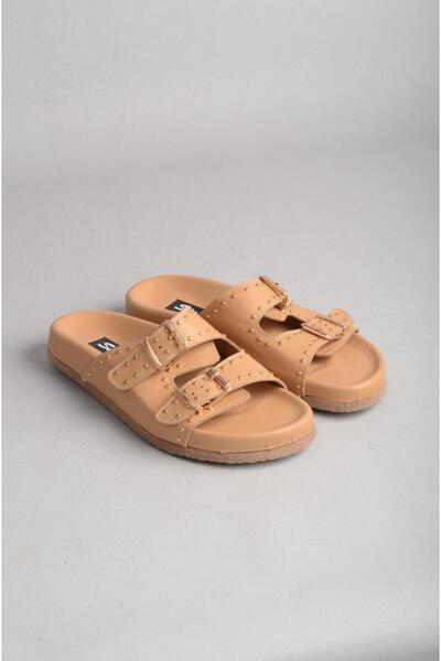 SEÇ KUNDURA Seç 8112 Genuine Leather Double Band Women's Slippers Caramel