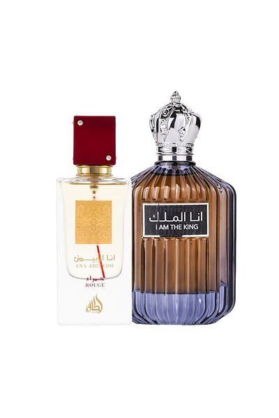 lattafa Pack of 2 Best Seller perfumes, Ana Abiyedh Rouge 60 ml for her and I am The King 100 ml for him