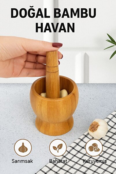 Kelepir Fırsatlar El Yapımı Ahşap Ağaç Havan Sarımsak Döveceği Doğal Bambu