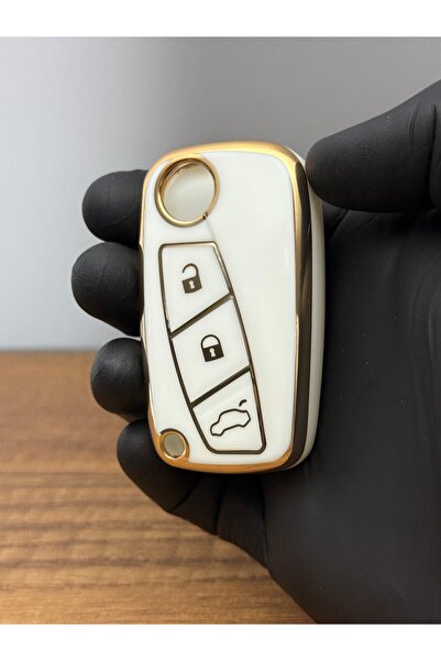 Luxe Aksesuarr Fiat Fiorino - Husa de protectie pentru chei din silicon Linea Switchblade 3 butoane Culoare Aur Alb