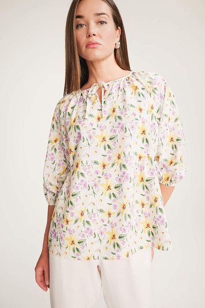 DeFacto Regular Fit Lace-Up Neckline Floral Print Half Sleeve Blouse E4386Ax25Sm