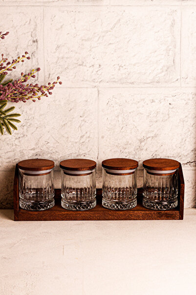 Snippy Mira Küçük - Standlı 4'lü Vakumlu Ahşap Kapaklı Cam Baharatlık Takımı Saklama Kabı Seti 210 ml