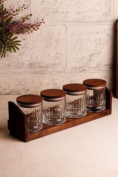 Snippy Mira Small - Set of 4 Vacuum Wooden Lid Glass Spice Jar Set with Stand Storage Container Set 210 ml