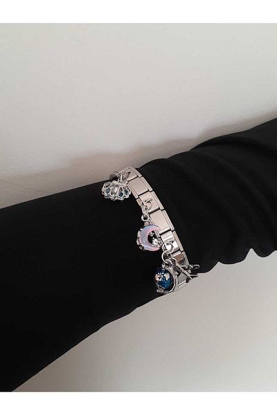 bijoux uniques Steel Italian Charm Bracelet with Blue Seashell, Pearl, Airplane, World and Moon Figures