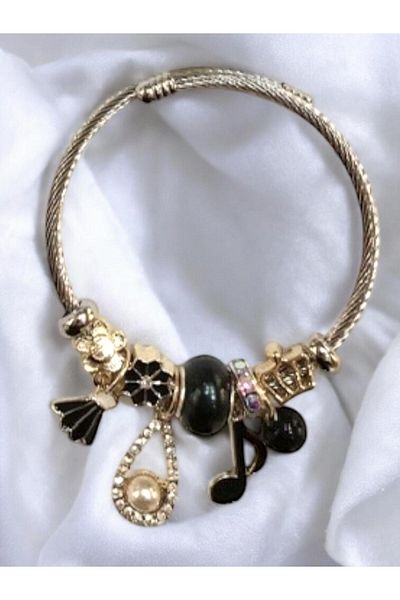 Luna Barella Black Pearl & Music Themed Stainless Steel Charm Bracelet
