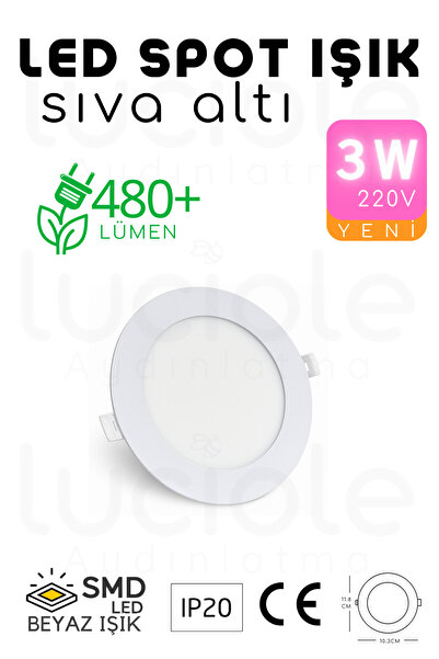 luciole 3W Beyaz Kasa LED Slim Spot – Beyaz Işık, 155 Lümen, 8.3 cm Çap, 220V...
