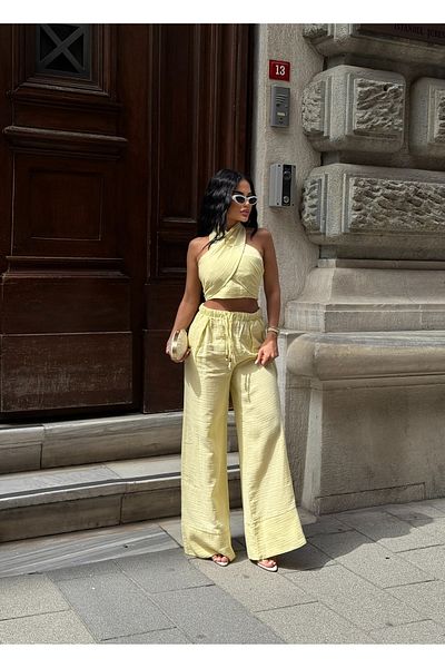 LB Laluna Butik Women's Linen Suit Blouse and Palazzo Pants