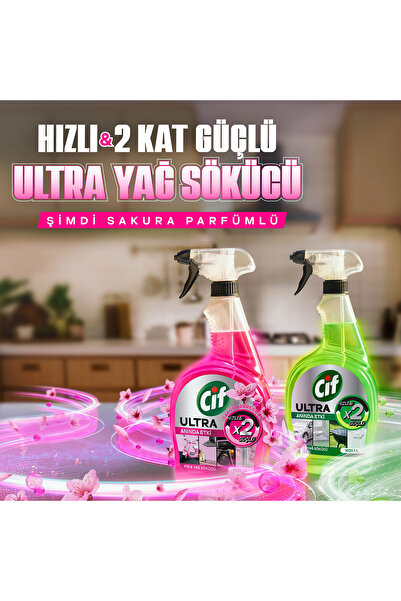 Cif Sprey Sakura Parfümlü 750 ml x1 + Ultra Anında Etki Kir ve Yağ Çözücü 750 ml x1 CF