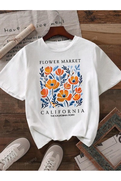 OVER HEAD تي شيرت نسائي كبير الحجم مطبوع عليه زهرة كاليفورنيا