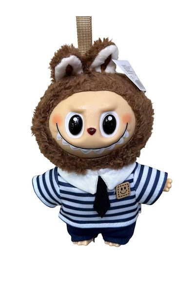 JPT Labubu dark brown plush keychain with blue striped suit
