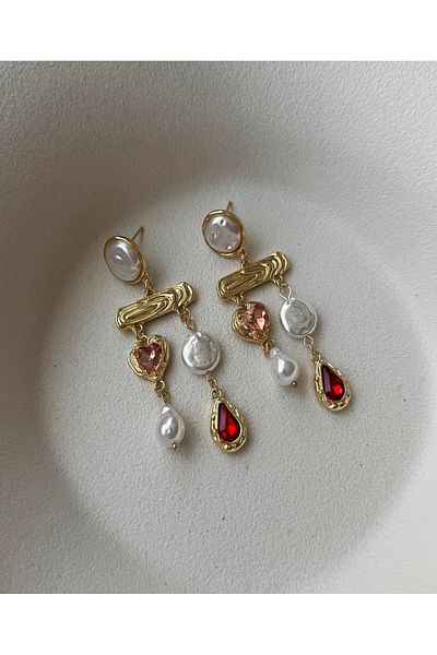 mos&more Lightweight Women's Earrings with Pink Stone and Pearl