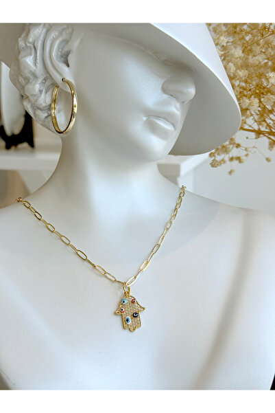 OLEN Kadın Nazar Boncuklu Fatma Ana Eli Figürlü Çelik Ataç Zincirli Kolye