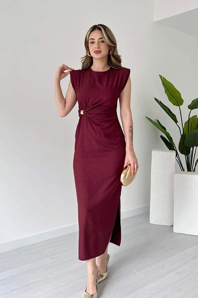 Aventien Rochie Midi Burgundy cu detaliu broșă căptușită