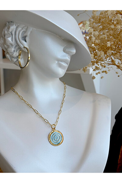 OLEN Kadın Mavi Spiral Formlu Çelik Ataç Zincir Kolye