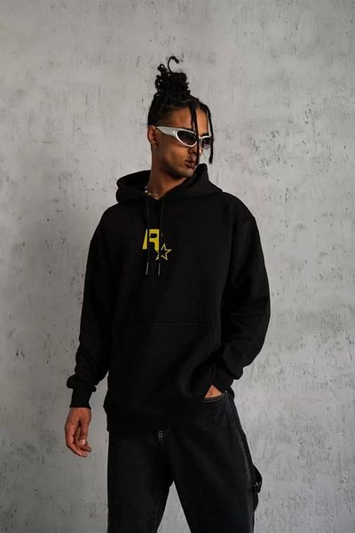 LUSHİOWEAR Unisex Hooded Printed Sweetshirt - Black