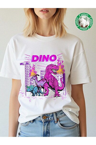 OVER HEAD تي شيرت نسائي كبير الحجم مطبوع عليه ديناصور ملون