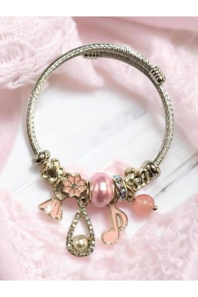 Luna Barella Elegant Pink Pearl & Flower Charm Stainless Steel Bracelet