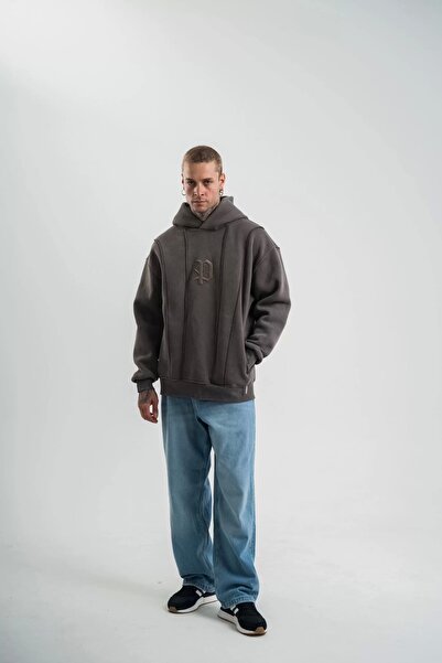 MODA Unisex Μακρυμάνικο Κεντητό Φούτερ με κουκούλα - Καπνιστό