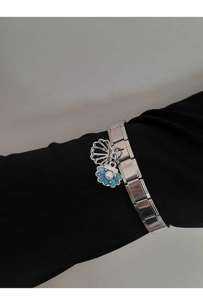 bijoux uniques Steel Italian Charm Bracelet with Blue Seashell Pearl