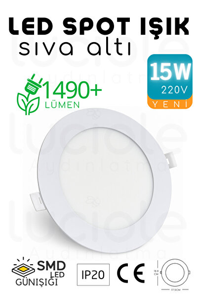 luciole 15W Slim LED Spot – 3200K Günışığı Işık, 1490 Lümen, Beyaz Kasa, 18.8 cm, 220V, 15000 Saat Ömür
