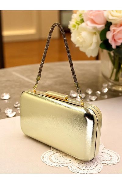 Biçanta Gold Gold Dore Color Wrinkled Patent Leather Stone Handle Evening Dress Bag Evening Bag Wedding Engagement Portfolio