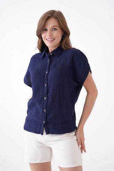 Butik 100% Cotton Button Detail Summer Muslin Bat Shirt Bluz Mg-204