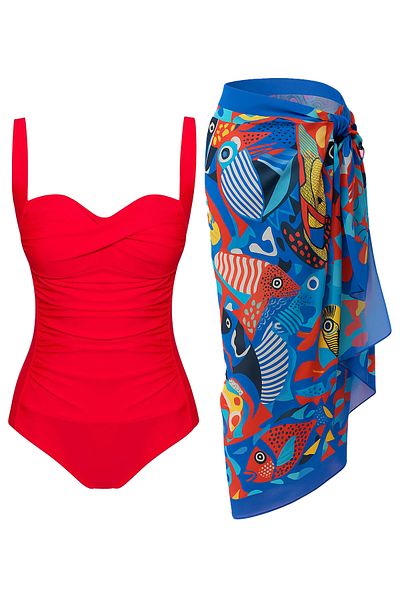 CUPSEA Women's Gathering Draped Red Blue Fish Pattern Underwear Pareo Set of 2 Stylish and Slimming Effect