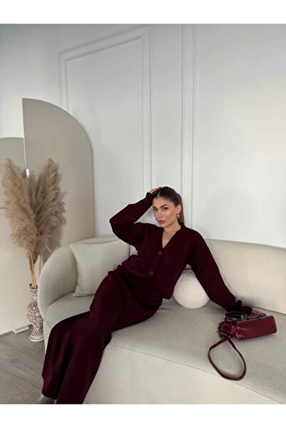 MODA V Yaka 3 Düğmeli Hırka Takım Triko İkili Etekli - Bordo