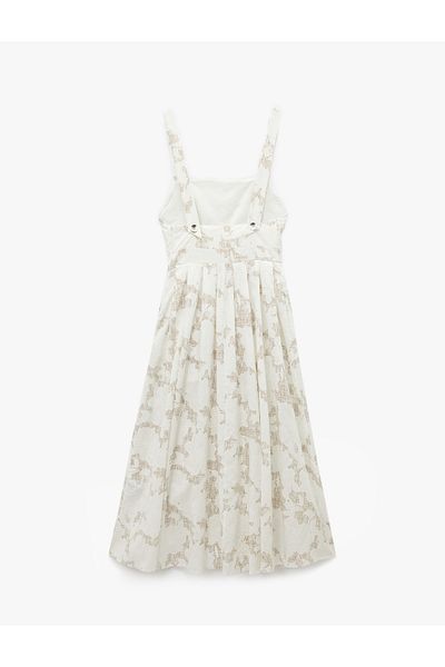 Koton New Season Lined Viscose Fabric Square Neck Long Pleated Strap Floral Dress