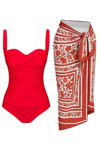CUPSEA Women's Gathering Draped Red Rose Patterned Underwear Pareo Set of 2 Stylish and Slimming Effect
