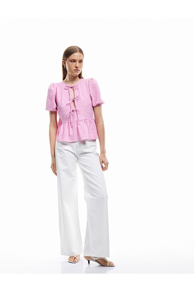 Koton New Season Textured Short Balloon Sleeve Bow Front Lace up Blouse