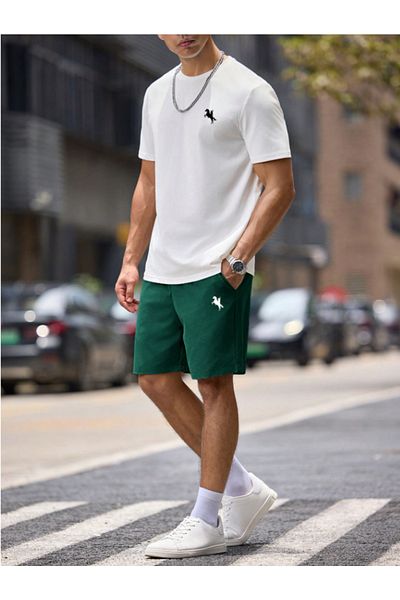 Lazy Koala Printed Men's Bottom Top Set - White T-Shirt Green Shorts