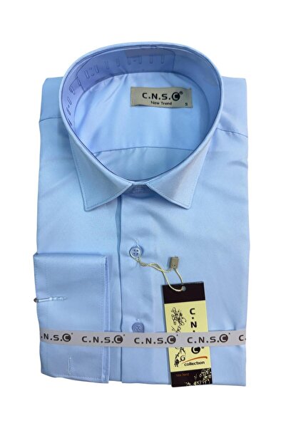 Altun Giyim Erkek Pamuk Saten Uzun Kollu Dar Kesim Buz Mavisi Renk Gömlek