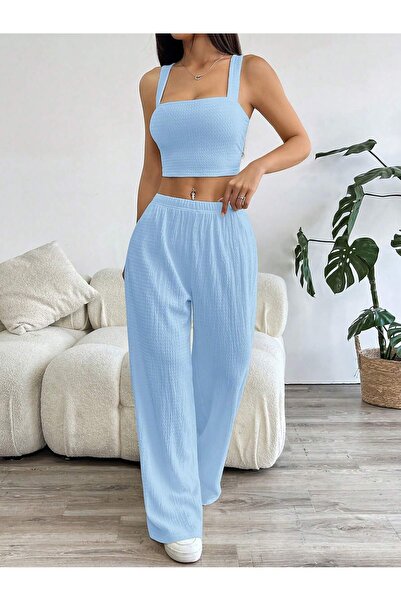 meren like your style Baby Blue Loose Casual Pants Bottom