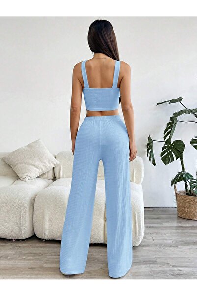 meren like your style Baby Blue Loose Casual Pants Bottom
