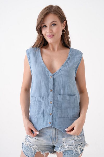 Butik Women's 100% Cotton Pocket Front Buttoned Muslin Vest Blouse