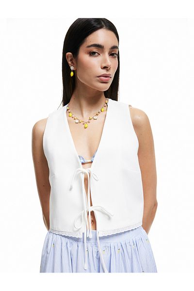 Koton New Season Koton X Sibil Çetinkaya - Linen Blended Bow V-Neck Front Tie