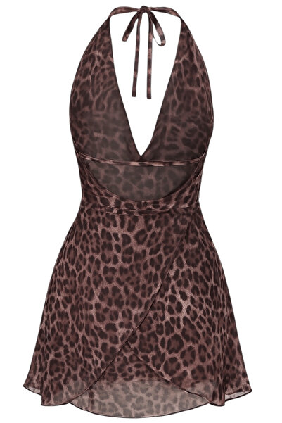 FLAST Şifon Leopar Desenli Boyundan Bağlamalı Degaje yaka İçi Şortlu Vock Özel Tasarım Mini Elbise