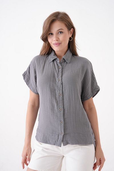 Butik 100% Cotton Button Detail Summer Muslin Bat Shirt Bluz Mg-204