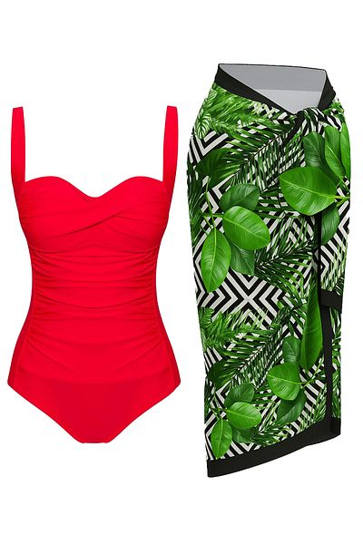 CUPSEA Women's Gathering Draped Red Green Leaf Underwear Pareo Set of 2 Stylish and Slimming Effect