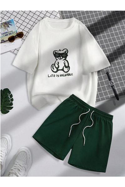 Lazy Koala طقم علوي سفلي مطبوع للرجال - تي شيرت أبيض وشورت أخضر