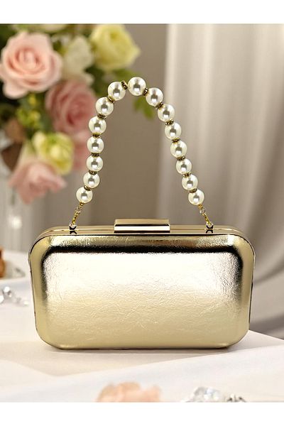Biçanta Gold Gold Dore Color Wrinkled Patent Leather Pearl Handle Evening Dress Bag Evening Bag Wedding Engagement Portfolio